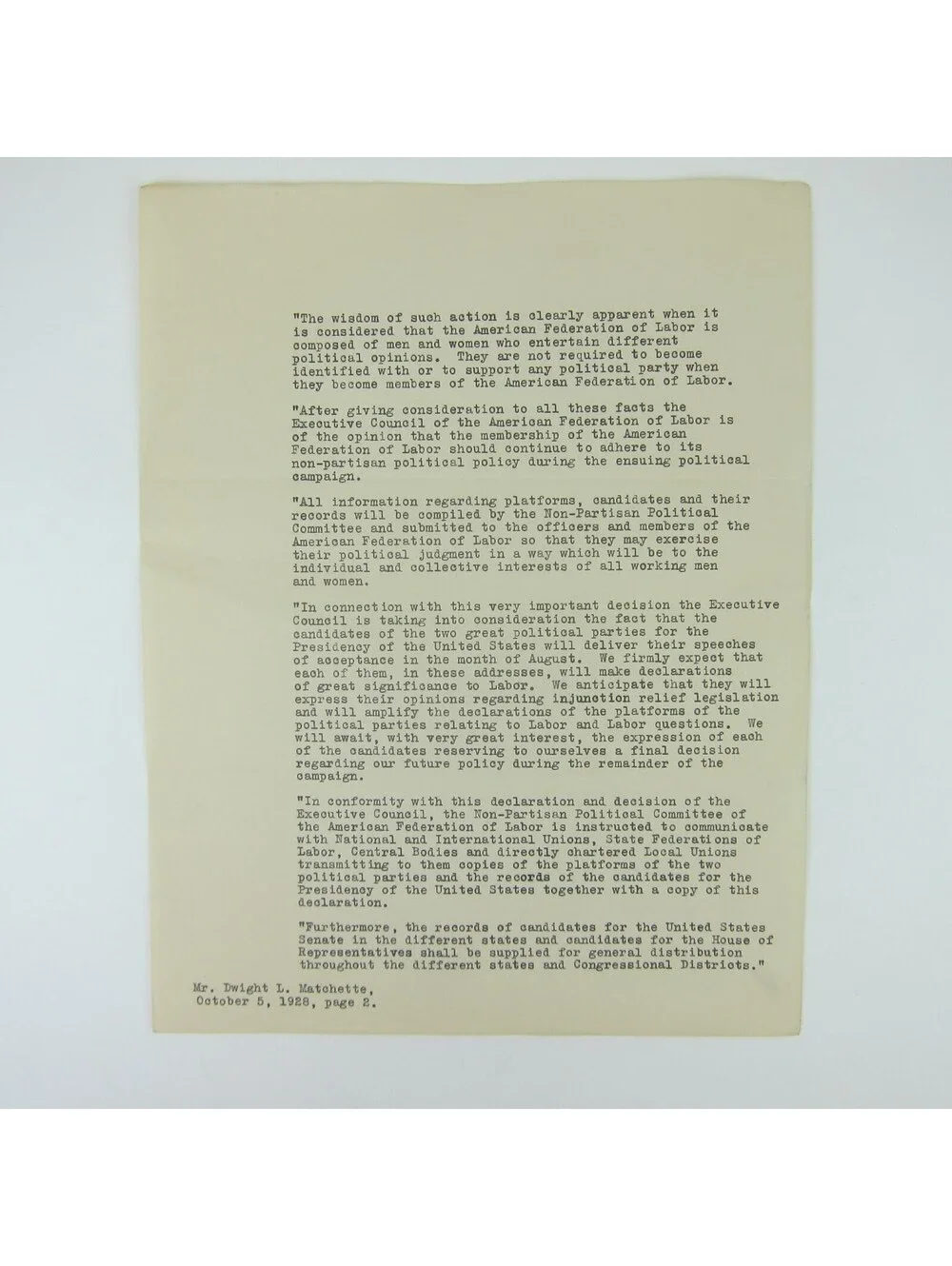 Letter William Green American Federation of Labor Dwight Matchette Ohio 1928 Vtg